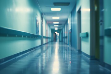 Fototapeta premium Blurred corridor of clinic. Blur hallway interior of medicine building. Medical emergency background with copyspace. Blurry empty hospital hall