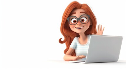 3d excited girl with computer. Beautiful happy student portrait. Freelancer, developer workplace. Online business, young woman character. Attractive female person