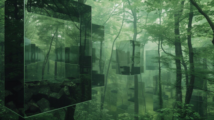 Naklejka premium A mirror placed in the forest reflects the surrounding trees, creating an unusual sight amidst the dense woodland.