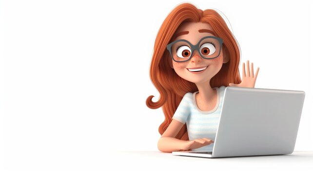 3d excited girl with computer. Beautiful happy student portrait. Freelancer, developer workplace. Online business, young woman character. Attractive female person