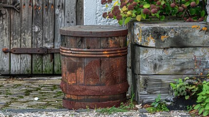 Naklejka premium A vintage rusty barrel with a wornout wooden lid next to a quaint cottage providing a traditional od of collecting rainwater for household use.