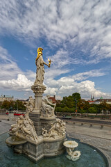 The Vienna cityscape seen from behind the fountain, Vienna, Austria