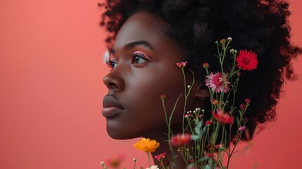 Curly Hairstyle Portrait: Captivating Black African Woman amidst Lush Greenery and Macro Flowers