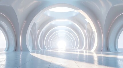 Obraz premium Futuristic White Minimalist Architecture with Ocean View and Blue Sky, Featuring Curved Shapes, Elegant Arches, and a Spacious Platform for Pavilion or Stage. Hyper Realistic, Cinematic Daylight Scene