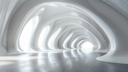 Fototapeta premium Futuristic White Minimalist Architecture with Ocean View and Blue Sky, Featuring Curved Shapes, Elegant Arches, and a Spacious Platform for Pavilion or Stage. Hyper Realistic, Cinematic Daylight Scene