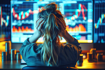Obraz premium Back view of woman, trader, sitting in front of chart display holding head, worried, shocked, because stock is in downtrend or loss.
