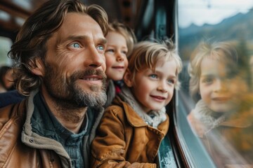 A close-up of a family enjoying a scenic train ride through a picturesque landscape. The parents and children are happily looking out the window, showcasing the beauty and relaxation of train travel.