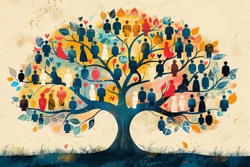 colorful illustrated branches that symbolize a family tree or story line Each node of the tree contains a silhouette of a person