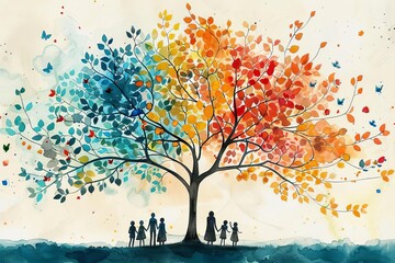 colorful illustrated branches that symbolize a family tree or story line Each node of the tree contains a silhouette of a person