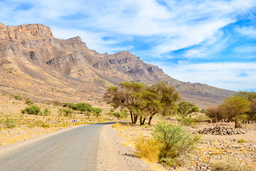 Road in desert landscape of Atlas Mountains near Tamnougalt village, Morocco, North Africa