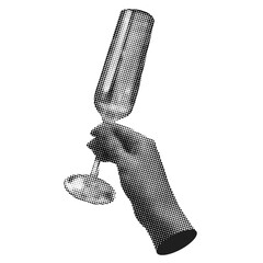 Retro halftone hand with a glass. Hand holding drink. Modern halftone collage. Trendy vintage newspaper parts. Pop art dotted style. Paper cutout element. Y2K style © Morena