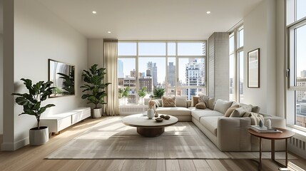 Fototapeta premium A large living room with a white couch, a coffee table, and a potted plant