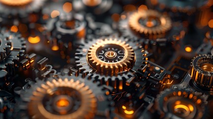 An abstract 3D illustration of gears and mechanisms working together, symbolizing the development and functioning of a complex system.