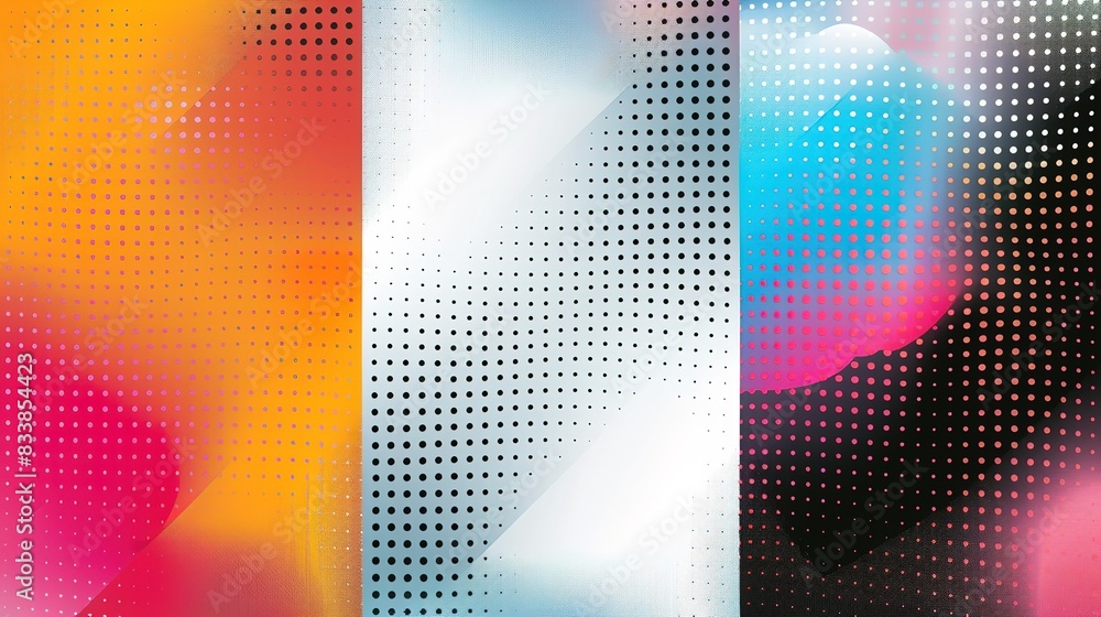 Poster abstract halftone gradient triptych in blue, white and red: a modern artistic background for a varie