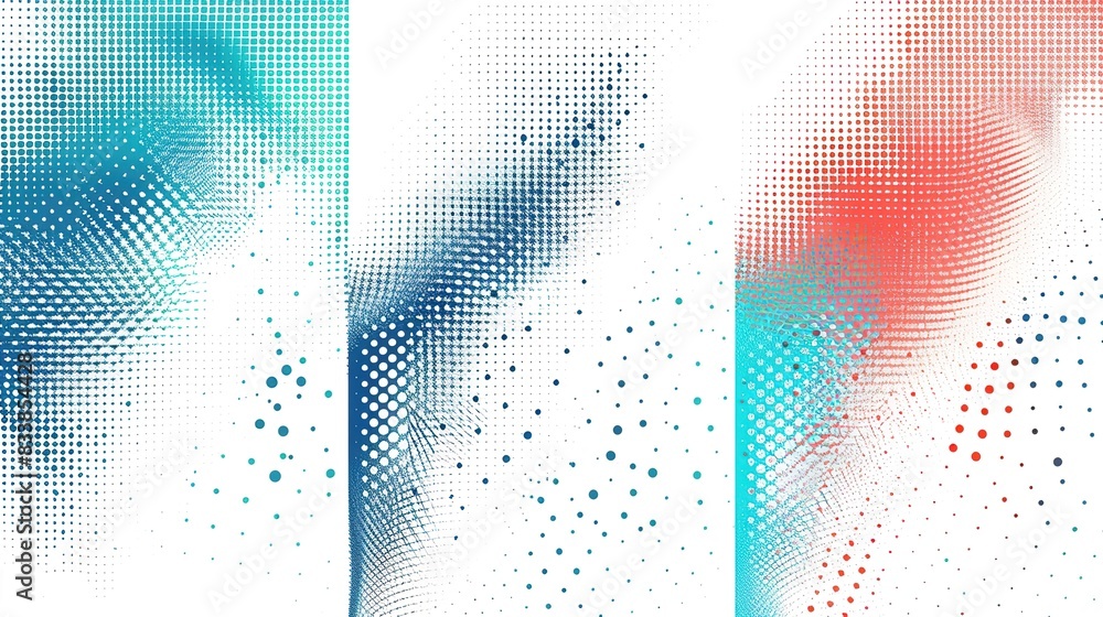 Poster abstract halftone gradient triptych in blue, white and red: a modern artistic background for a varie