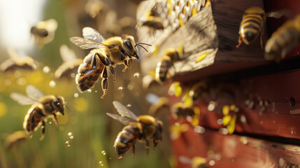 Close up of flying honey bees
