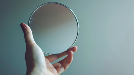 female hand holding round mirror