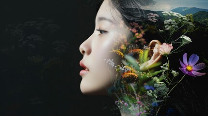 Dreamlike Double Exposure of Young Asian Korean Girl with Vibrant Florals and Scenery