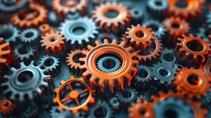 An abstract 3D illustration of interconnected gears and cogs, symbolizing the collaborative effort and teamwork required for a successful business.