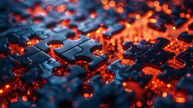 An abstract 3D illustration of interconnected puzzle pieces coming together, symbolizing the collaborative effort needed to solve complex problems.