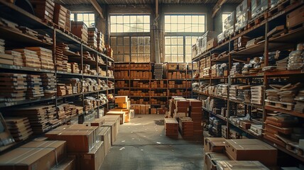 Obraz premium Organized chaos in sprawling storage hall with soft natural lighting
