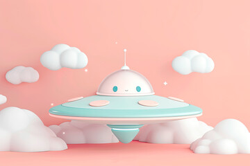 Fototapeta premium A 3D cartoonish blue and white alien ufo is flying through a pink cloudy sky
