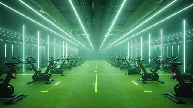 Indoor cycling studio illuminated by dynamic vertical lights and green floor