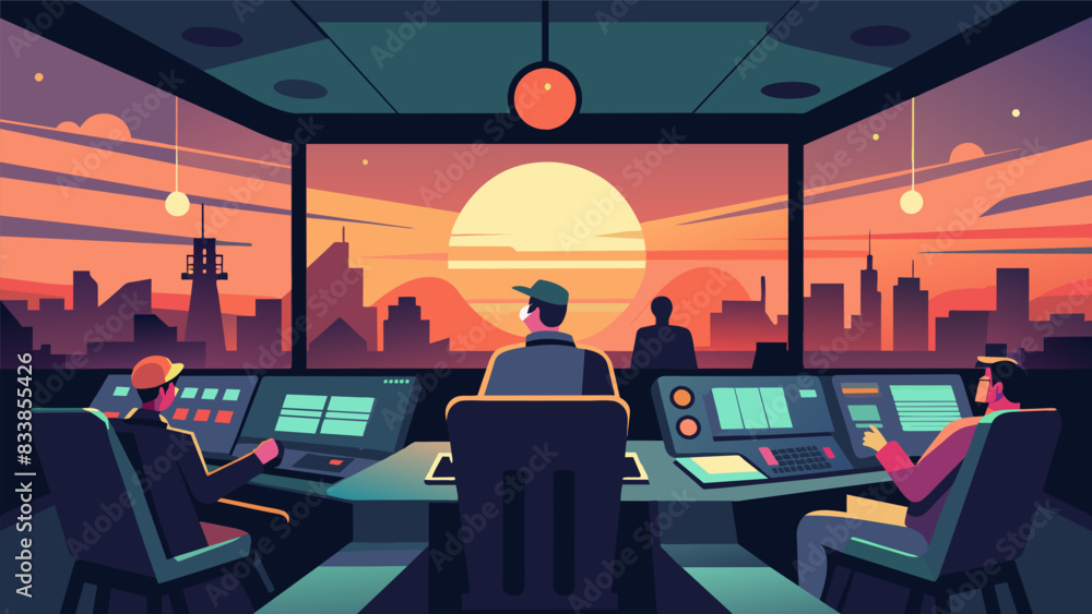 Poster as the sun sets outside the control room becomes a co of artificial light a tireless hub of activity