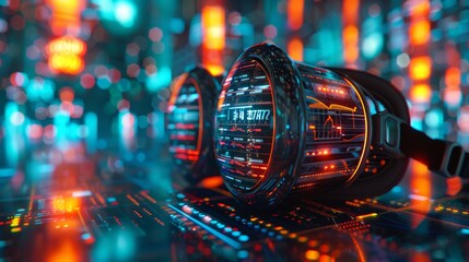 A futuristic 3D illustration of a virtual reality headset displaying financial data, representing the use of technology for profit analysis.