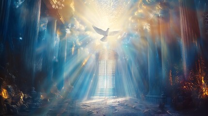 A religious and spiritual illustration of heaven with a white dove flying above the gates,  beams of light and clouds