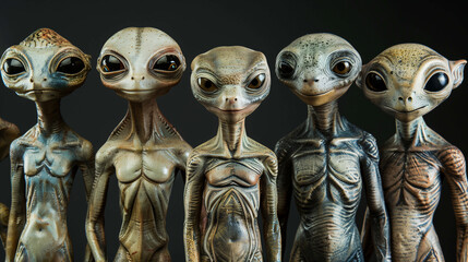 Close-up of five diverse, textured alien faces against a black background.