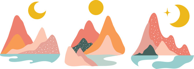 Abstract Dunes Hills Sunrise Sunset River Lake Ocean Landscape Vector Illustration