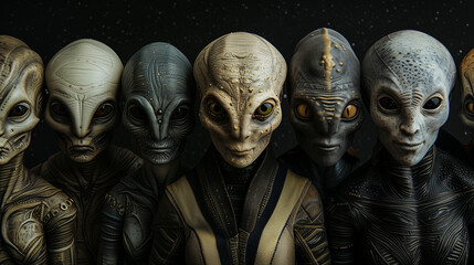 Close-up of five diverse, textured alien faces against a starry background.