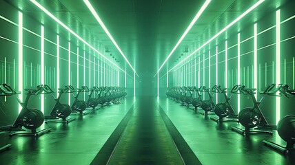 Indoor cycling studio illuminated by dynamic vertical lights and green floor