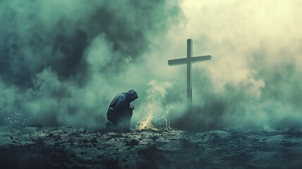 An illustration of an ancient monk kneeling down to pray to a big wooden holy cross, smoky and murky ambience