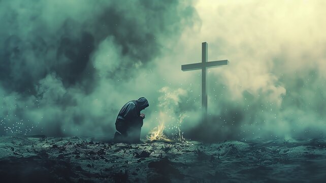 An illustration of an ancient monk kneeling down to pray to a big wooden holy cross, smoky and murky ambience