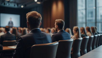 Rear view of people men and women are at business event.