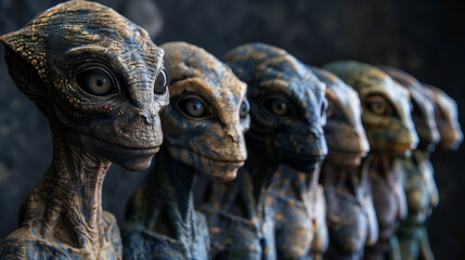 Close-up of Reptilian aliens lined up.