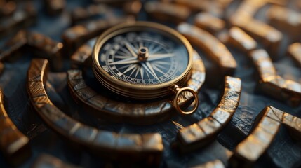 An imaginative 3D illustration of a leader with a compass in hand, navigating through a maze, representing the challenges and decisions faced in leadership.