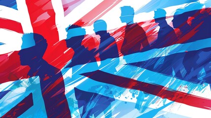 A vector illustration of the flag of the United Kingdom with silhouettes of people, representing of voting in the general election, background, copy space for text