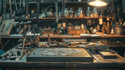 Vintage metalwork setup with focus on textured silver and tools