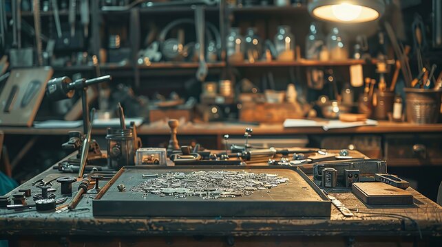 Vintage metalwork setup with focus on textured silver and tools