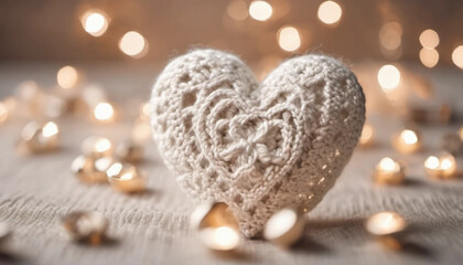 Beige white crochet heart close up, knitting lovers concept, ai