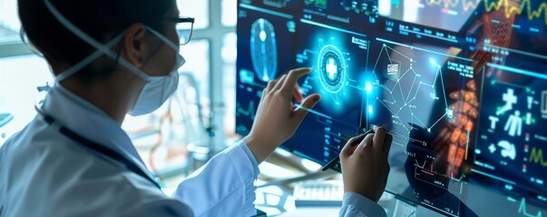 A health informatics specialist analyzing electronic health records, close up, healthcare technology theme, vibrant, double exposure, a hospital IT room backdrop