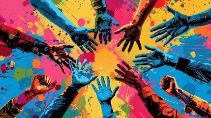 Diverse groups of people joining hands, pop art