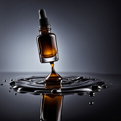 Dark brown glass bottle of face serum or essential oil flying in splashing water on black background. AI Generative