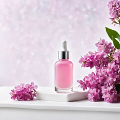 Pink dropper bottle standing on white square podium next to fresh blooming flowers. Skin care cosmetics. unbraiding mockup package. AI generative