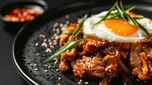 Korean dish of stir fried pork with kimchi and fried egg served on a black plate