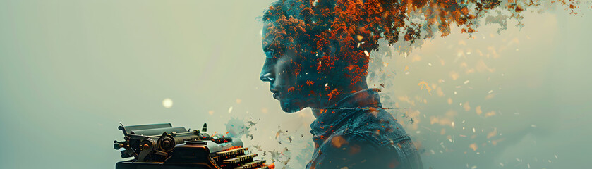 Double Exposure Concept of a Writer Merged with a Typewriter, Symbolizing Literary Responsibility and Creativity   Ideal for Writing and Publishing Industry Ads