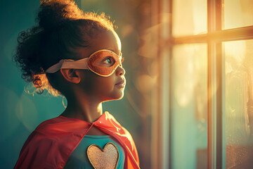 Portrait of an African-American little girl dressed as a superhero looking up to an open window. Generative Ai.